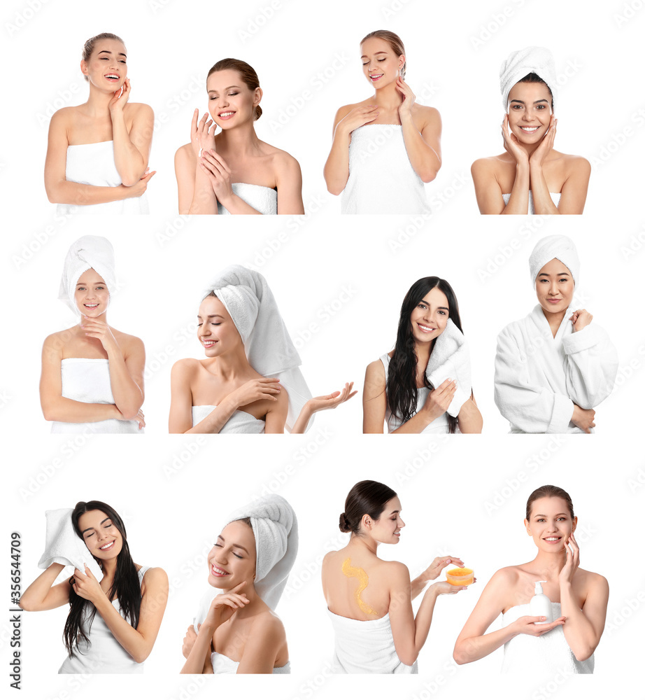 Wall mural Beautiful women with towels on white background, collage