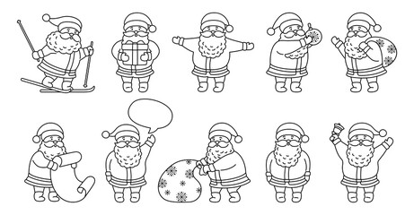 Santa Claus outline Christmas flat cartoon set. Linear collection funny character with gift, bag, skiing, toy, speech bubble or list. Different emotions santa and New Year objects. Vector illustration