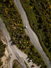 Aerial photos around Crown Range winding road taken in the afternoon during a road trip from Wanaka to Queenstown.