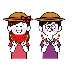 夏に麦わら帽子をかぶってスイカを食べる子ども