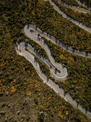 Aerial photos around Crown Range winding road taken in the afternoon during a road trip from Wanaka to Queenstown.