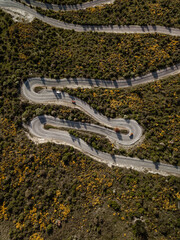 Aerial photos around Crown Range winding road taken in the afternoon during a road trip from Wanaka to Queenstown.