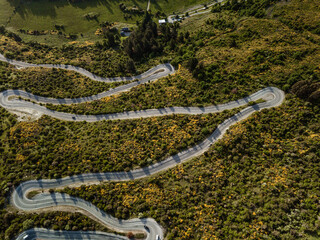 Aerial photos around Crown Range winding road taken in the afternoon during a road trip from Wanaka...
