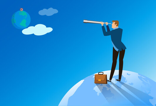 A business man standing on the world with a Telescope looking at the target at new world. Success, achievement, business vision career goal. Flat vector illustration.
