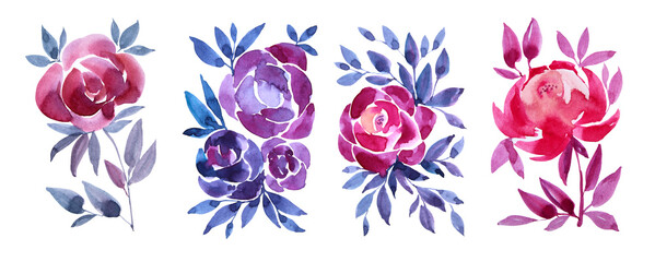 Set watercolor hand-drawn purple and pink abstract bouquet peony or rose flower with leaves isolated on white background. Art creative nature object for card, sticker, wallpaper, textile or wrapping.