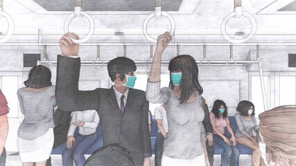 電車 車内コロナウイルス 人あり 満員電車 イラスト33 Wall Mural Hiro Studio