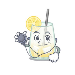 Smiley doctor cartoon character of tom collins cocktail with tools