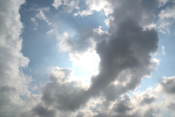 重なり合った雲間から太陽が輝いている風景