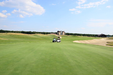 Green grass and golf car on golf course