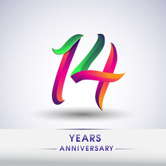 14th anniversary celebration logotype green and red colored. ten years birthday logo on white background.