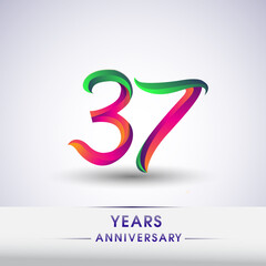 37th anniversary celebration logotype green and red colored. ten years birthday logo on white background.