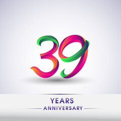 39th anniversary celebration logotype green and red colored. ten years birthday logo on white background.