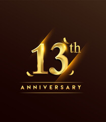 13th anniversary glowing logotype with confetti golden colored isolated on dark background, vector design for greeting card and invitation card.