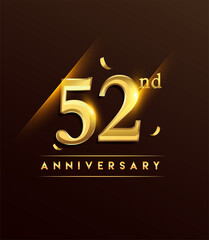 52nd anniversary glowing logotype with confetti golden colored isolated on dark background, vector design for greeting card and invitation card.