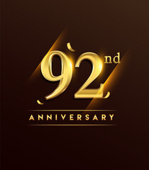 92nd anniversary glowing logotype with confetti golden colored isolated on dark background, vector design for greeting card and invitation card.