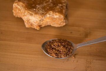 organic Jaggery and white processed sugar in one frame