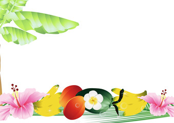 ハイビスカスや夏の果物にプルメリアのイラスト横長背景素材