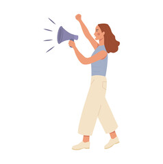 Caucasian woman with megaphone protesting on march or strike. Demonstration for human rights, environment, climate change, against violence. Black people matter. Vector flat illustration isolated. 