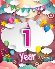 1st Birthday Celebration greeting card Design, with clouds and balloons.