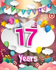 17th Birthday Celebration greeting card Design, with clouds and balloons.