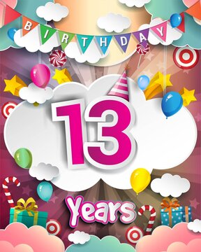 13th Birthday Celebration greeting card Design, with clouds and balloons.