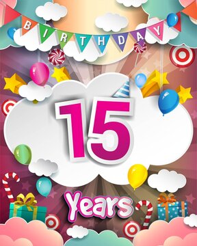 15th Birthday Celebration greeting card Design, with clouds and balloons.