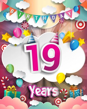 19th Birthday Celebration greeting card Design, with clouds and balloons.