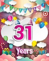 31st Birthday Celebration greeting card Design, with clouds and balloons.