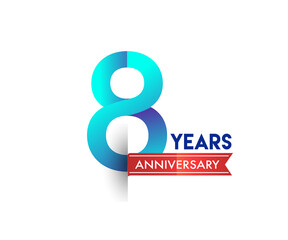 8th Anniversary celebration logotype blue colored with red ribbon, isolated on white background.