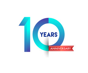 10th Anniversary celebration logotype blue colored with red ribbon, isolated on white background.
