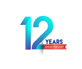12th Anniversary celebration logotype blue colored with red ribbon, isolated on white background.