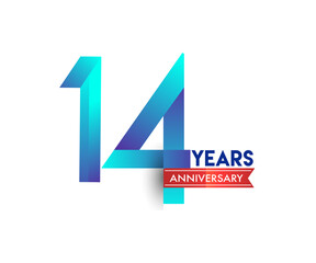 14th Anniversary celebration logotype blue colored with red ribbon, isolated on white background.