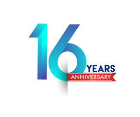 16th Anniversary celebration logotype blue colored with red ribbon, isolated on white background.