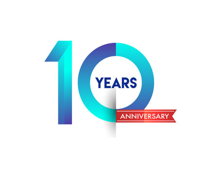 10th Anniversary celebration logotype blue colored with red ribbon, isolated on white background.