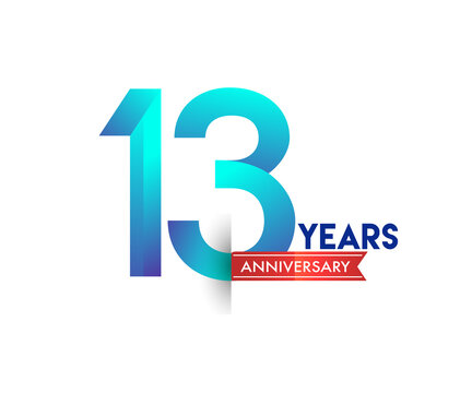 13th Anniversary celebration logotype blue colored with red ribbon, isolated on white background.
