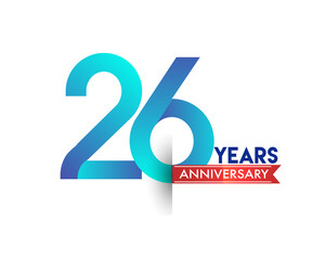 26th Anniversary celebration logotype blue colored with red ribbon, isolated on white background.
