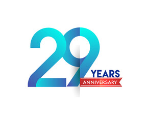 29th Anniversary celebration logotype blue colored with red ribbon, isolated on white background.