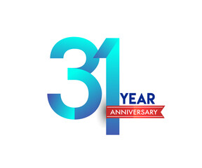 31st Anniversary celebration logotype blue colored with red ribbon, isolated on white background.