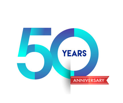 50th Anniversary celebration logotype blue colored with red ribbon, isolated on white background.