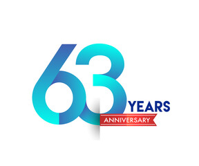 63rd Anniversary celebration logotype blue colored with red ribbon, isolated on white background.