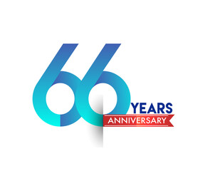 66th Anniversary celebration logotype blue colored with red ribbon, isolated on white background.