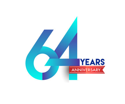 64th Anniversary celebration logotype blue colored with red ribbon, isolated on white background.