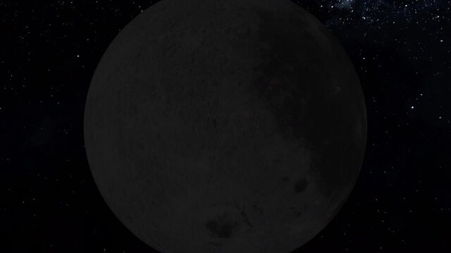 3D realistic loop animation: orbit from dark to bright side of the moon with sun flares & earth in background