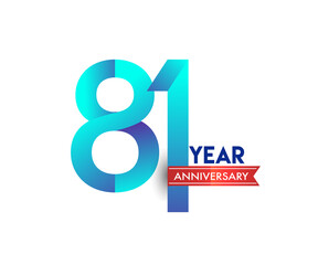 81st Anniversary celebration logotype blue colored with red ribbon, isolated on white background.