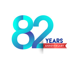 82nd Anniversary celebration logotype blue colored with red ribbon, isolated on white background.