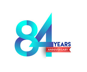 84th Anniversary celebration logotype blue colored with red ribbon, isolated on white background.