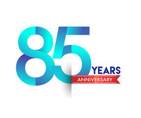 85th Anniversary celebration logotype blue colored with red ribbon, isolated on white background.
