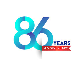 86th Anniversary celebration logotype blue colored with red ribbon, isolated on white background.