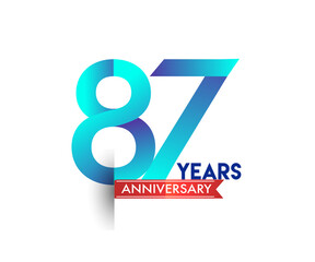 87th Anniversary celebration logotype blue colored with red ribbon, isolated on white background.