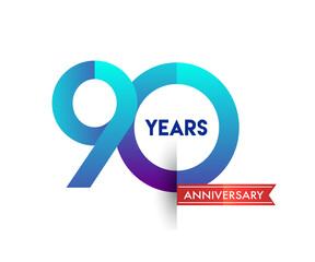 90th Anniversary celebration logotype blue colored with red ribbon, isolated on white background.